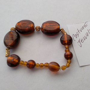 Gold color beaded red Amber simulated gemstone stretch costume bracelet handmade